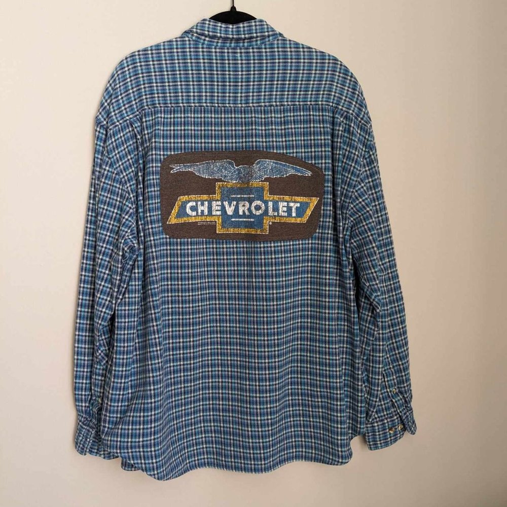 Chevrolet Chevy Auto Custom Flannel Blue Plaid Button Down Shirt Plus Size XXL